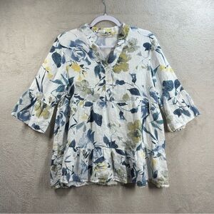 Valentina Naldi Womens Tunic Size M Ivory Floral Pure Linen‎ 3/4 Bell Sleeve
